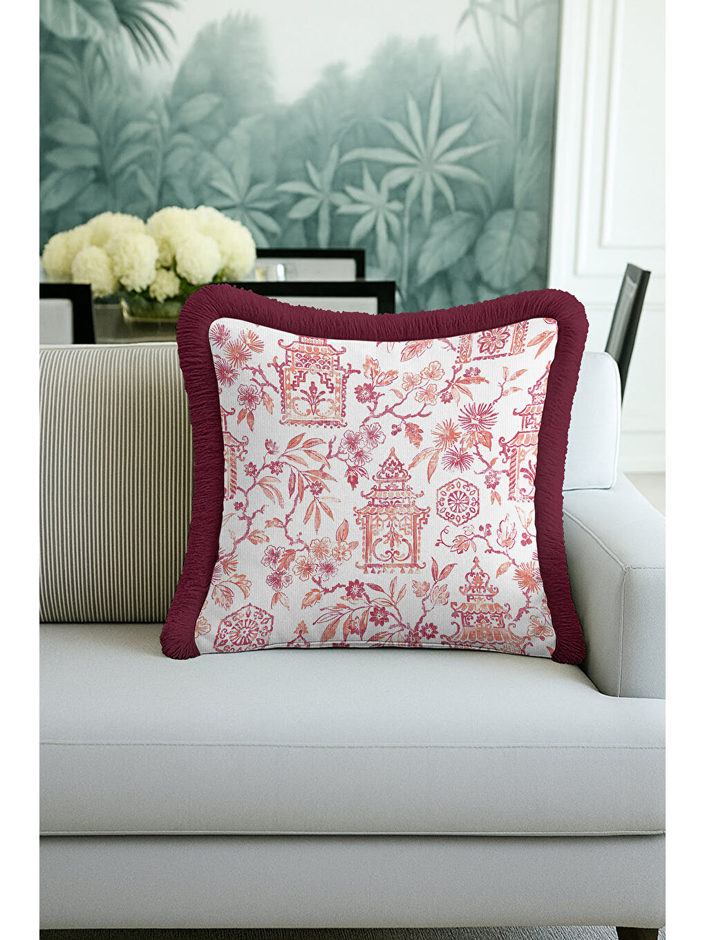 Karışık Lüks Saray Motifli Saçaklı Yastık Kılıfı - Doğu Esintisi Klasik Bordo Püsküllü Kırlent Kılıfı-4