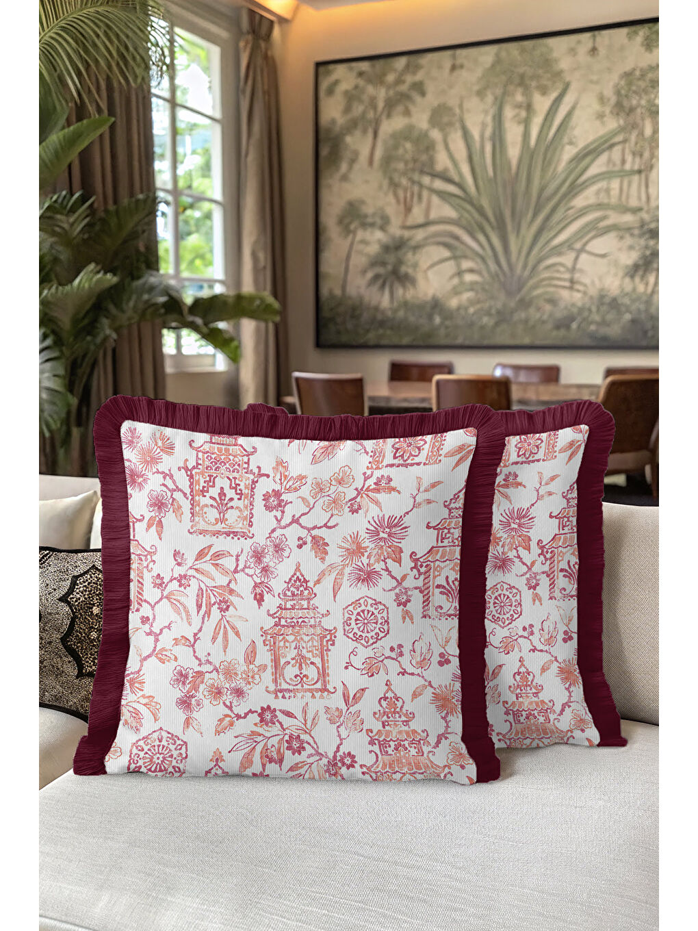 Karışık Lüks Saray Motifli Saçaklı Yastık Kılıfı - Doğu Esintisi Klasik Bordo Püsküllü Kırlent Kılıfı-5