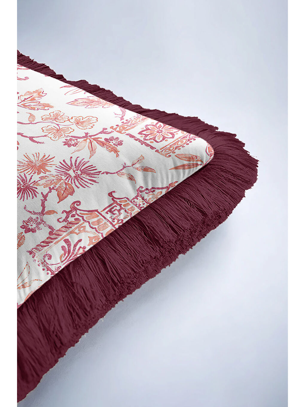 Karışık Lüks Saray Motifli Saçaklı Yastık Kılıfı - Doğu Esintisi Klasik Bordo Püsküllü Kırlent Kılıfı-6