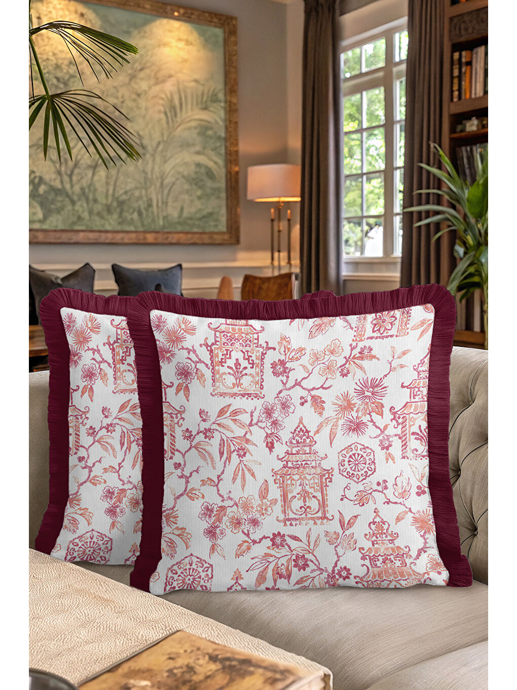 Karışık Lüks Saray Motifli Saçaklı Yastık Kılıfı - Doğu Esintisi Klasik Bordo Püsküllü Kırlent Kılıfı-7