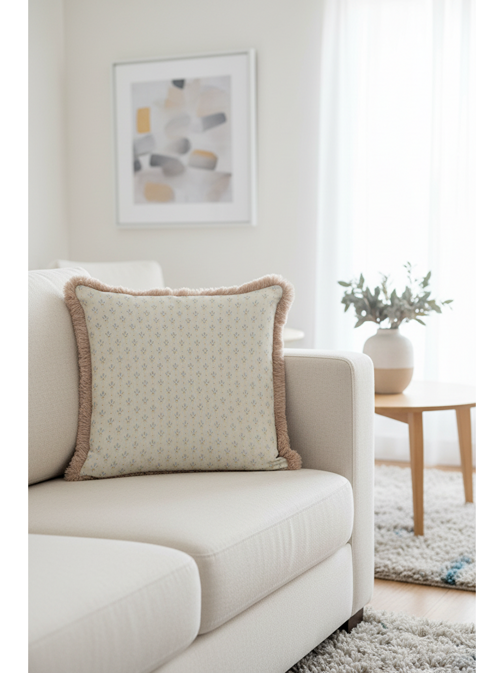 Karışık Zarif Lale Motifli Saçaklı Yastık Kılıfı - Pastel Krem Bohem Yumuşak Bej Püsküllü Kırlent Kılıfı