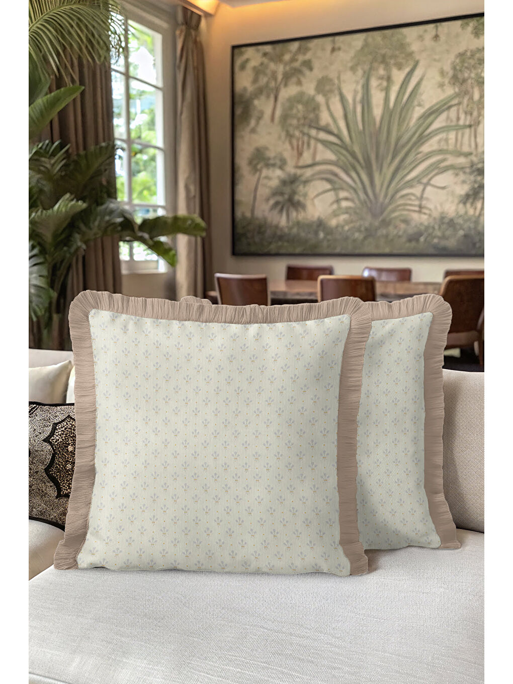 Karışık Zarif Lale Motifli Saçaklı Yastık Kılıfı - Pastel Krem Bohem Yumuşak Bej Püsküllü Kırlent Kılıfı-5