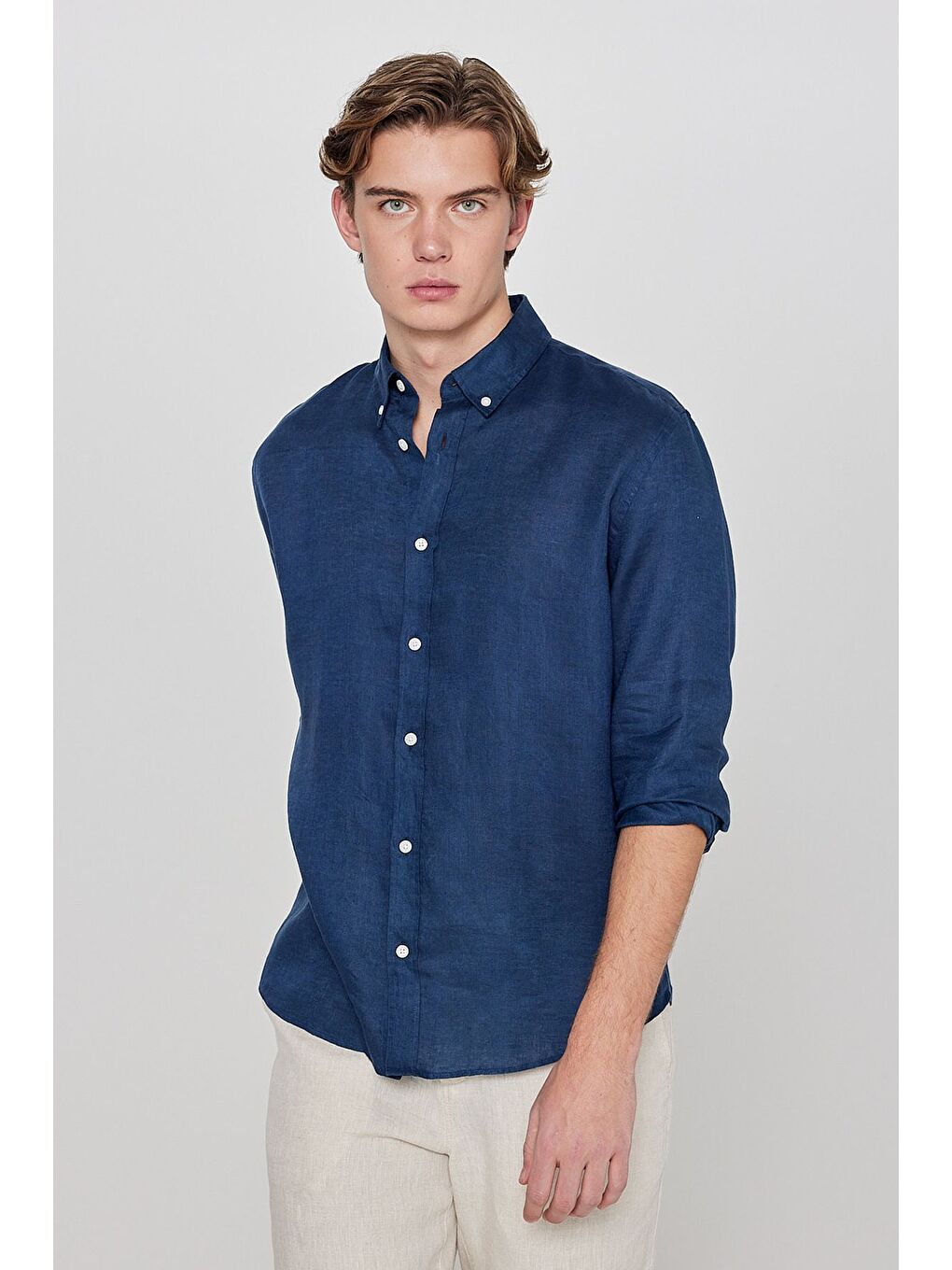 %100 Keten Regular Fit Lacivert Gömlek