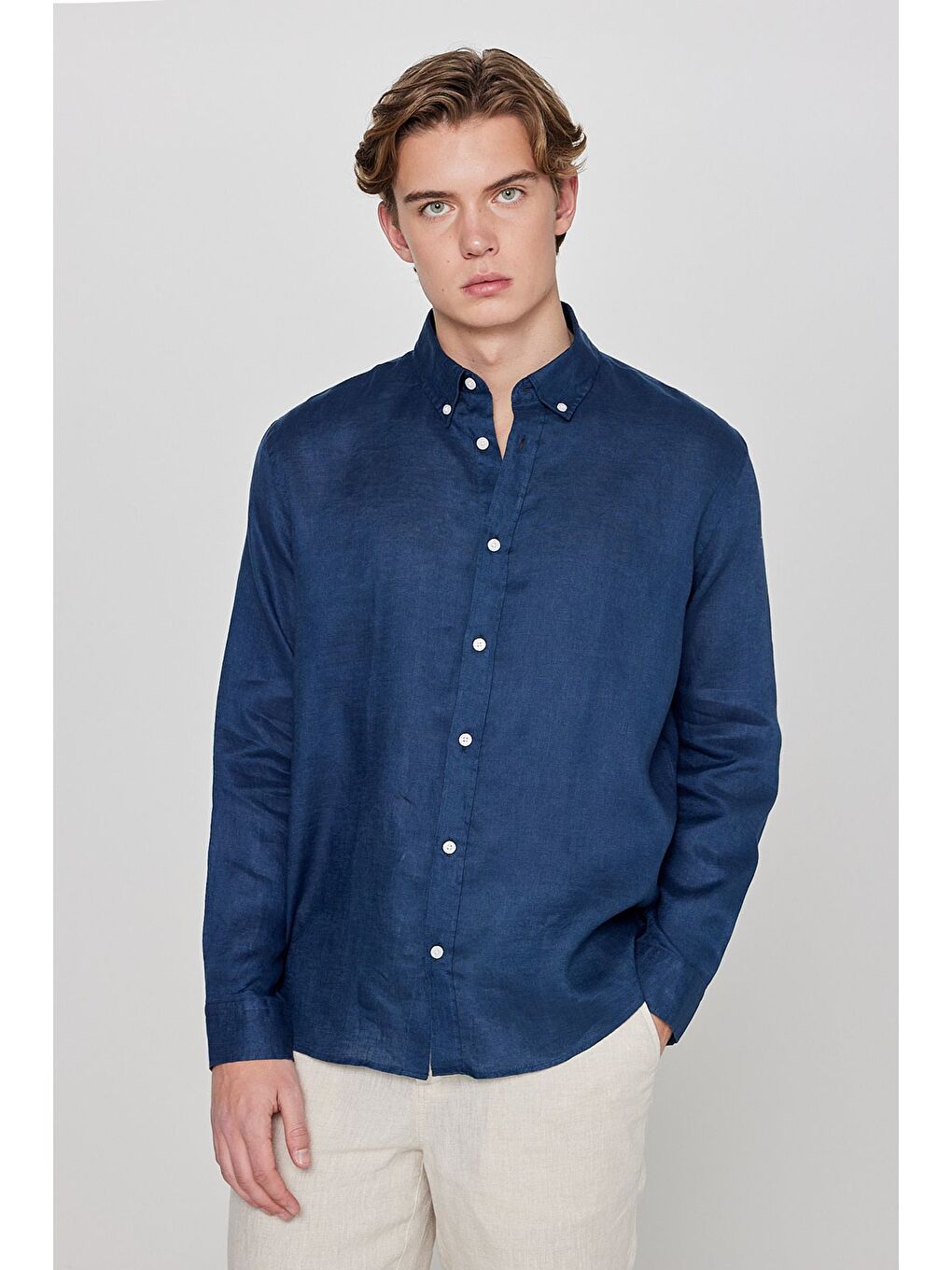 %100 Keten Regular Fit Lacivert Gömlek-1
