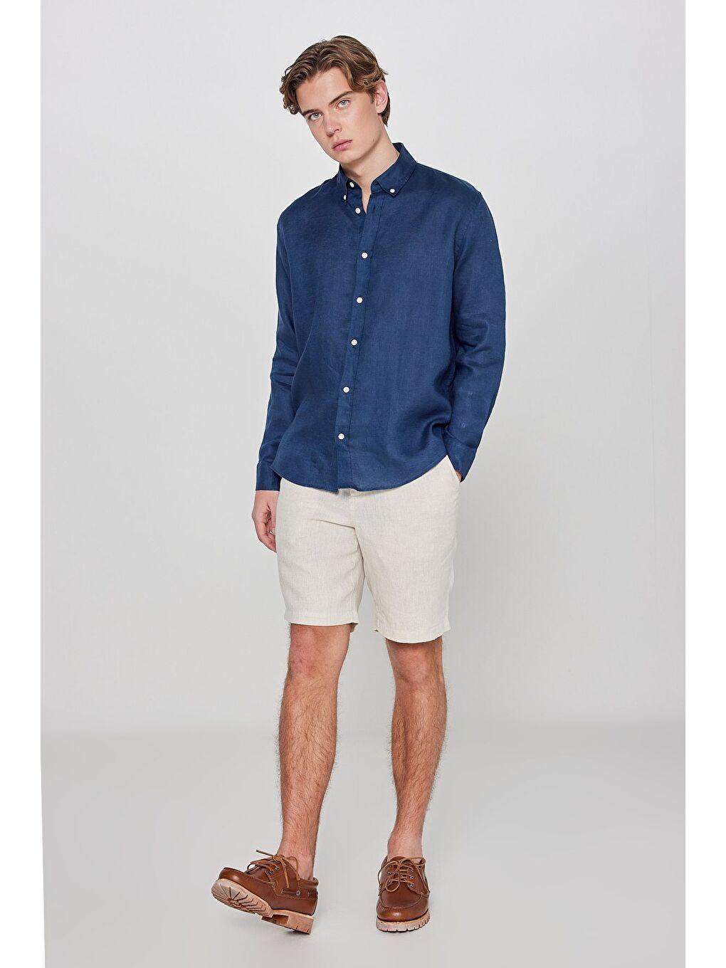 %100 Keten Regular Fit Lacivert Gömlek-2