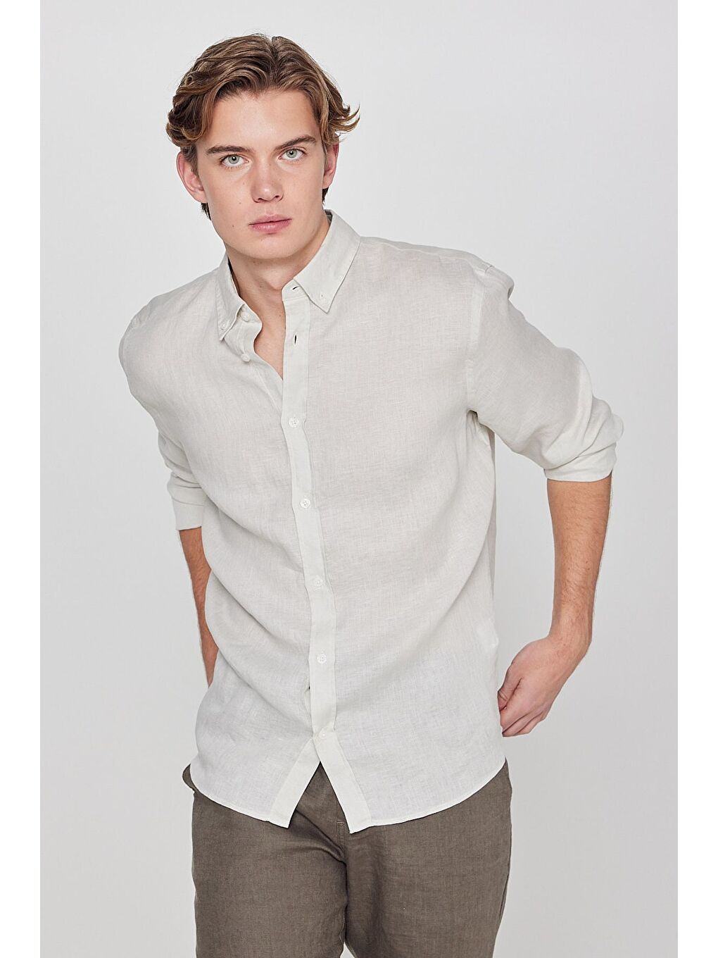 %100 Keten Regular Fit Bej Gömlek