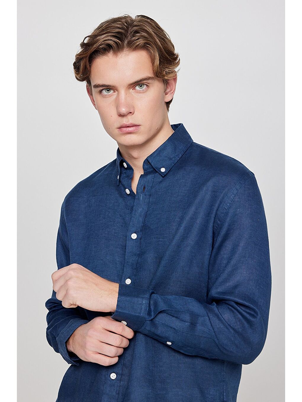 %100 Keten Regular Fit Lacivert Gömlek-3