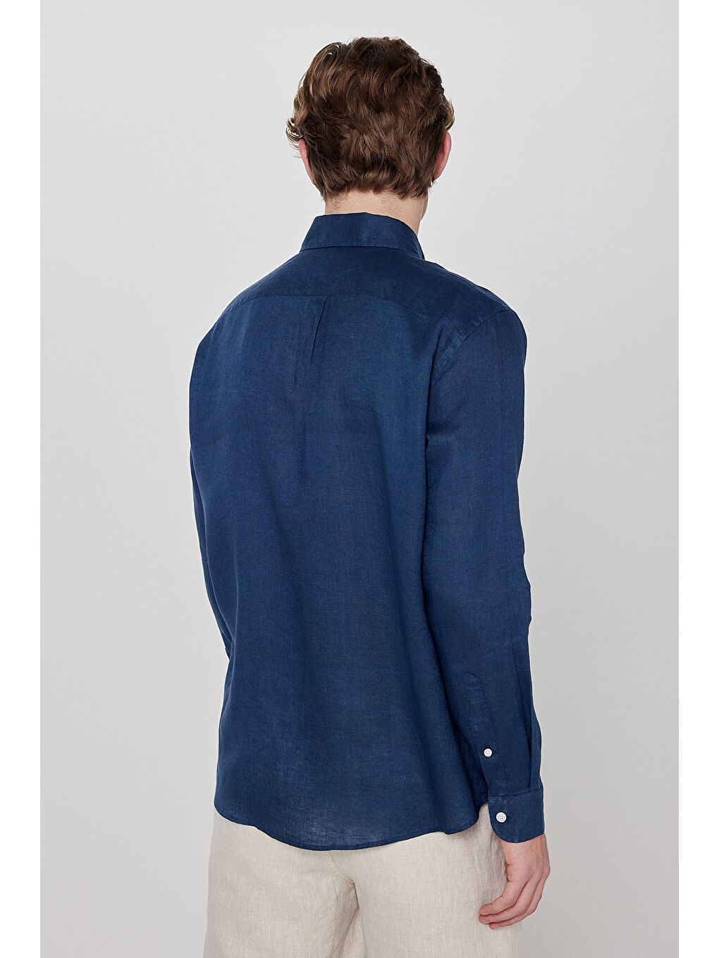 %100 Keten Regular Fit Lacivert Gömlek-4