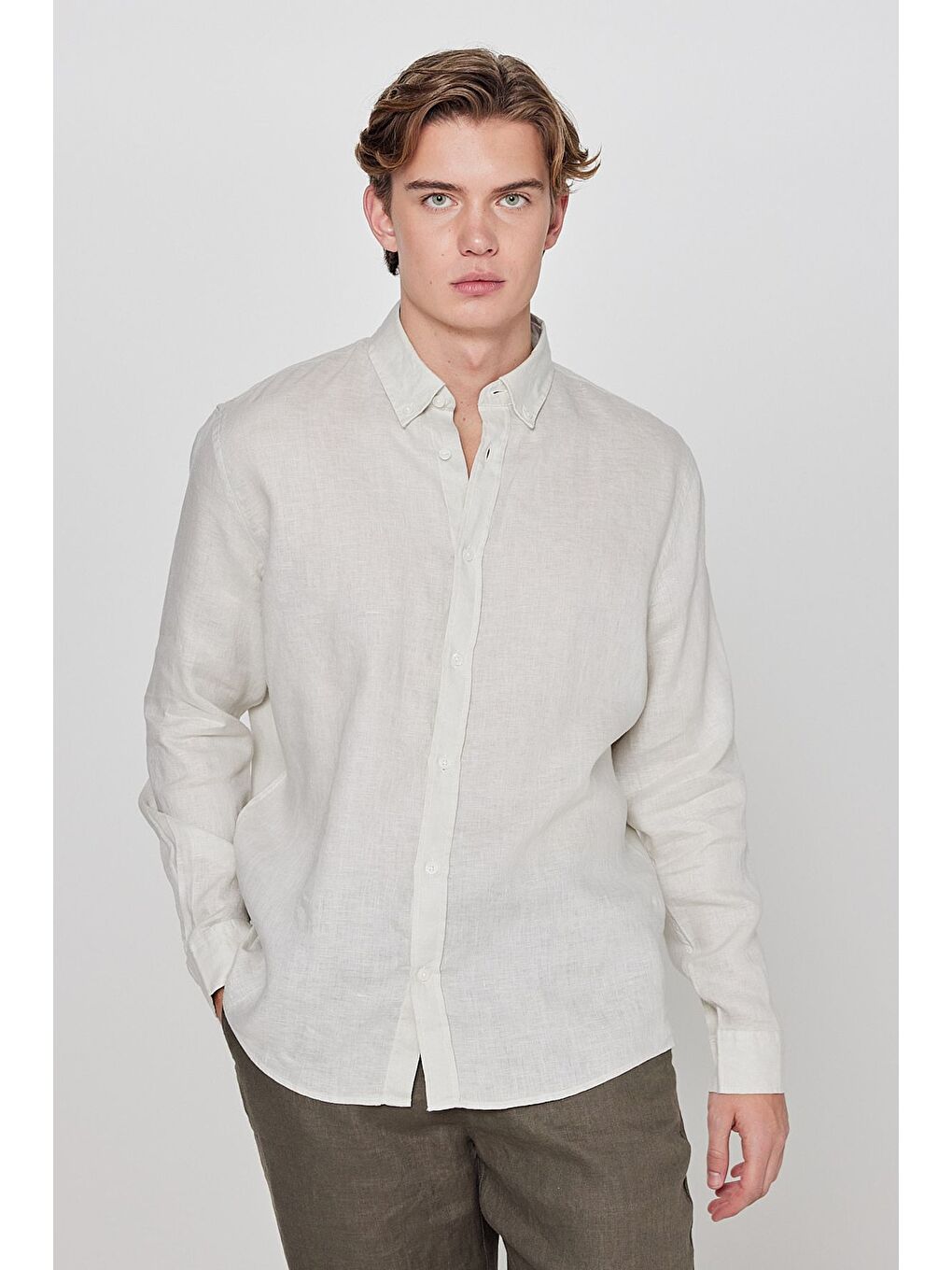 %100 Keten Regular Fit Bej Gömlek-1