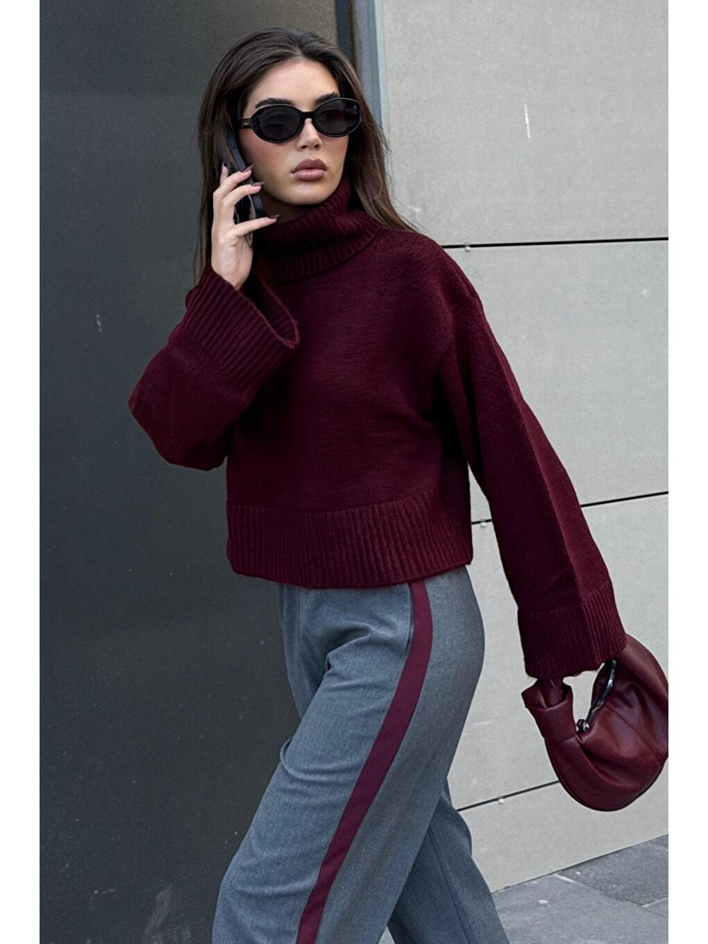 Bordo Boğazlı Kadın Triko Kazak Mg2255