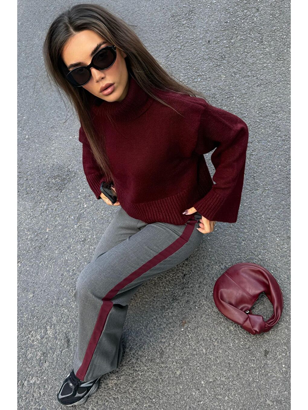 Bordo Boğazlı Kadın Triko Kazak Mg2255-3