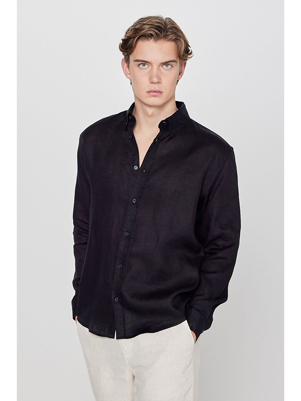 %100 Keten Regular Fit Siyah Gömlek-1