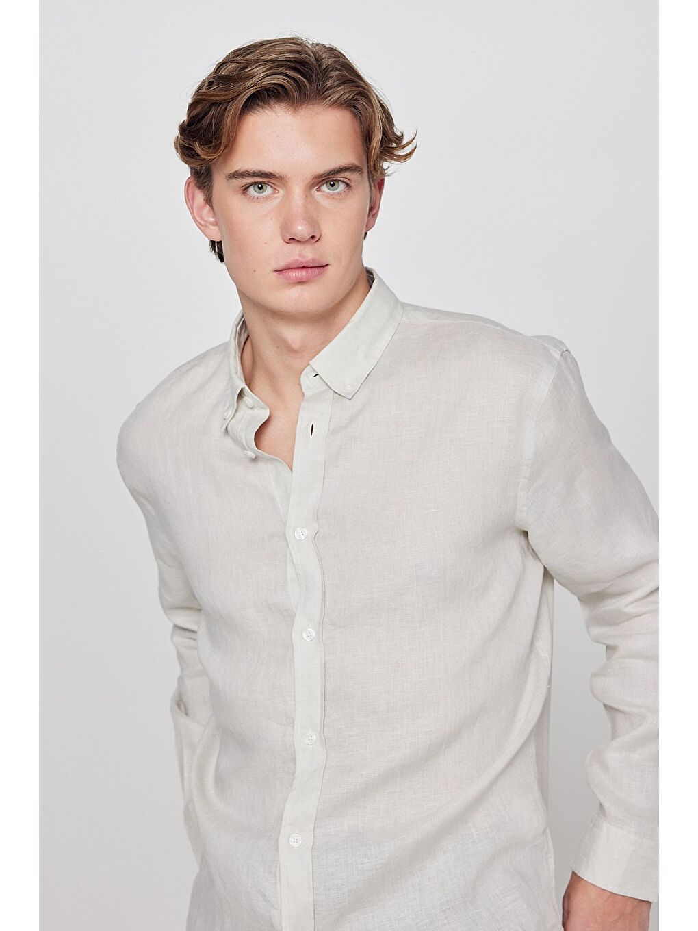 %100 Keten Regular Fit Bej Gömlek-3