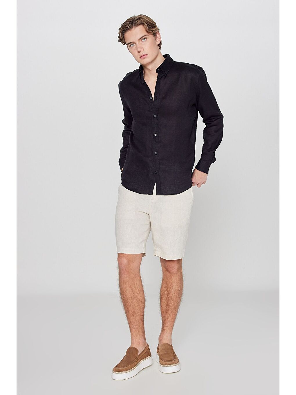 %100 Keten Regular Fit Siyah Gömlek-2