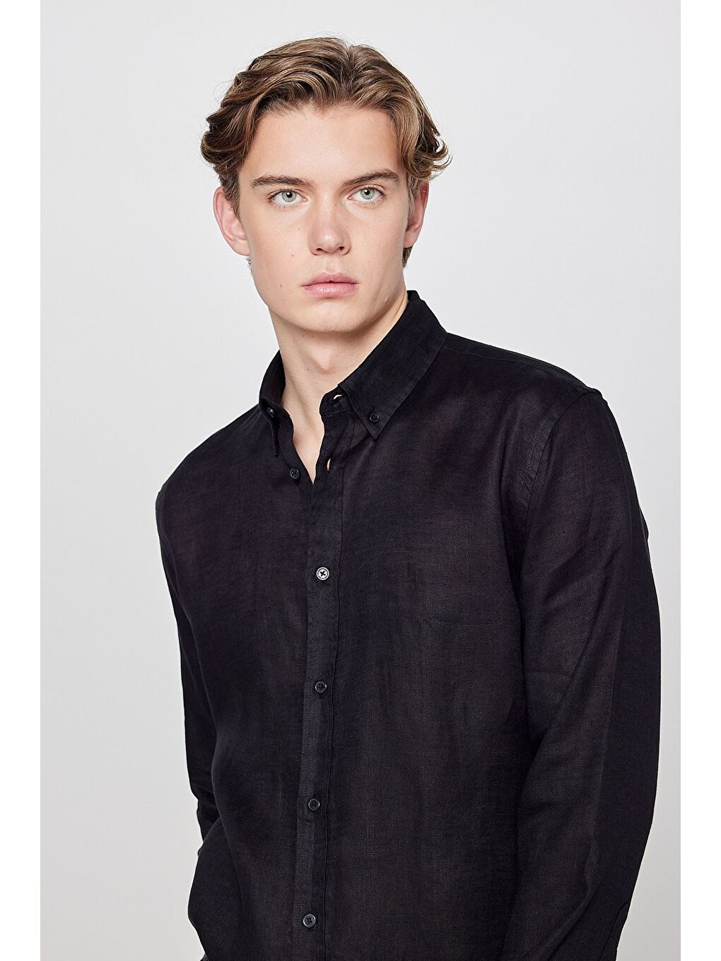 %100 Keten Regular Fit Siyah Gömlek-3