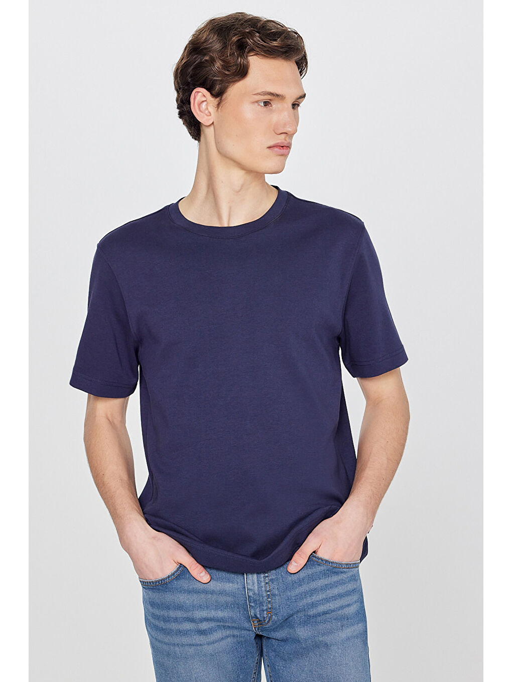 %100 Pamuk Regular Fit Normal Kesim Bisiklet Yaka Lacivert Basic Tişört