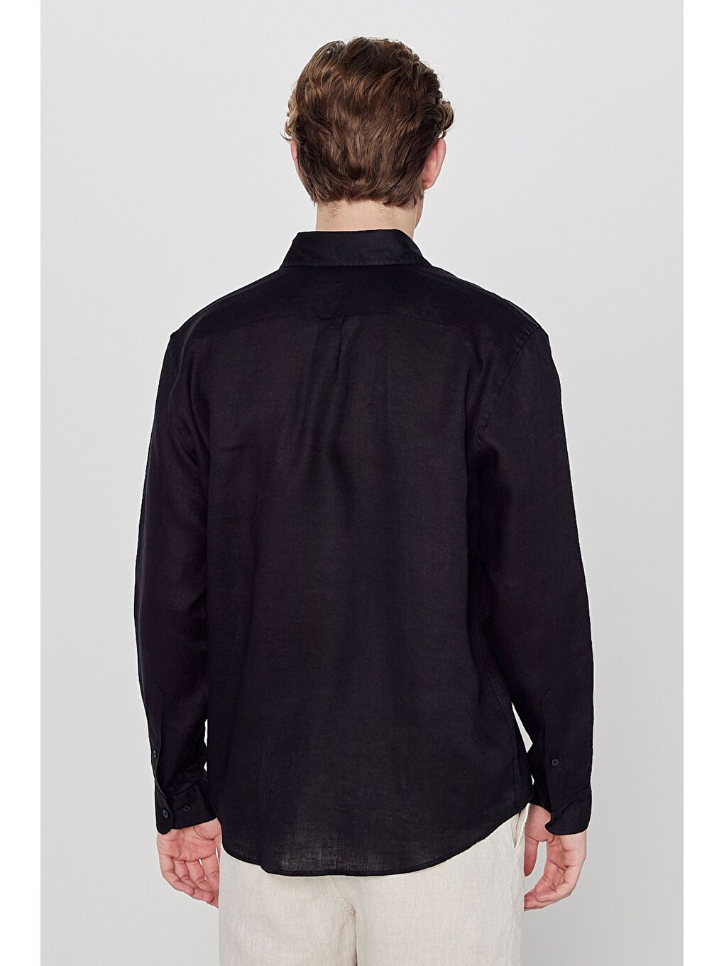 %100 Keten Regular Fit Siyah Gömlek-4