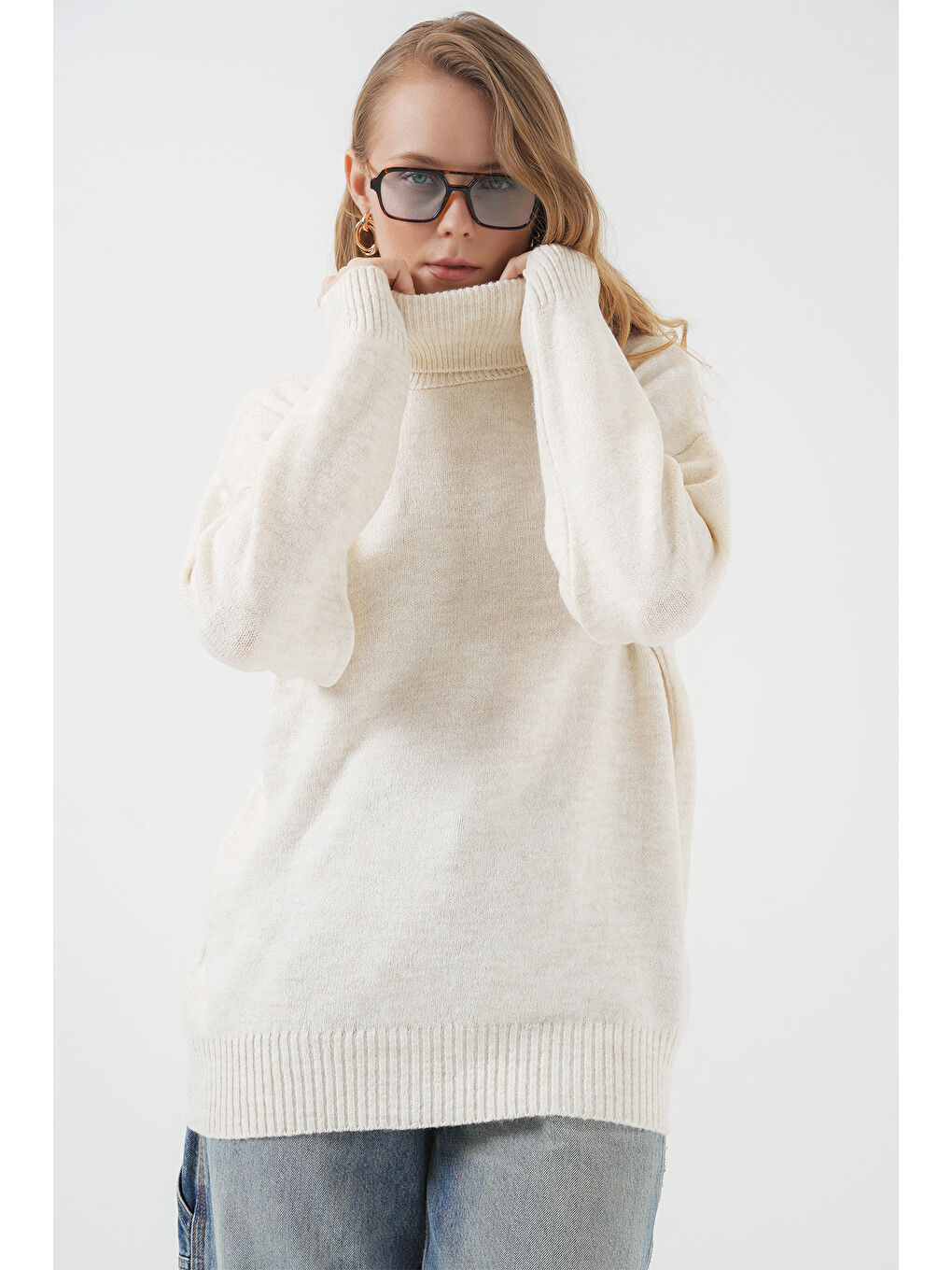 15917 Kadın Balıkçı Yaka Oversize Triko Kazak - Ekru-2