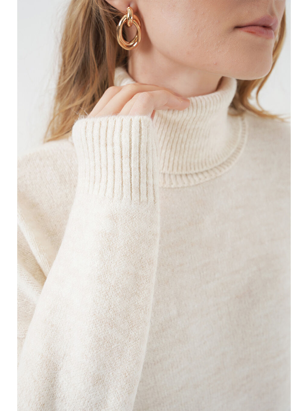 15917 Kadın Balıkçı Yaka Oversize Triko Kazak - Ekru-4