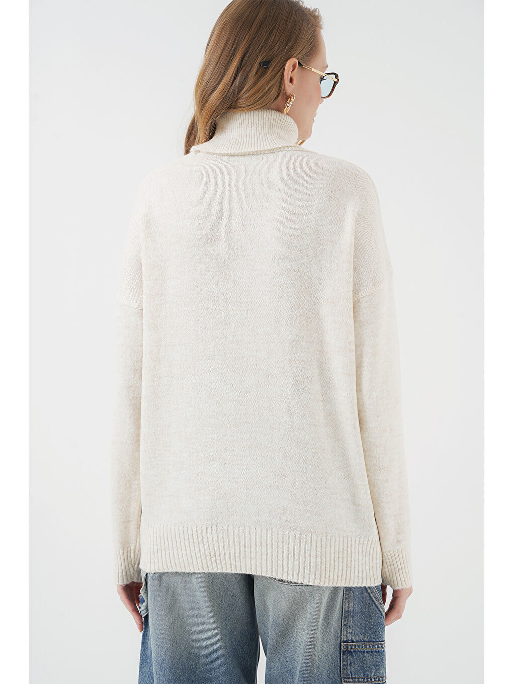 15917 Kadın Balıkçı Yaka Oversize Triko Kazak - Ekru-5