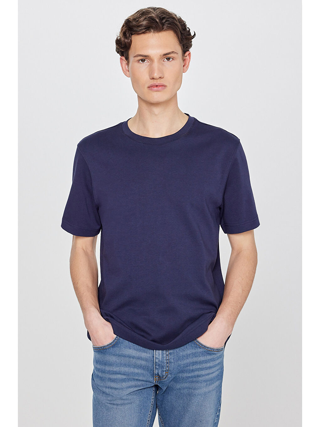 %100 Pamuk Regular Fit Normal Kesim Bisiklet Yaka Lacivert Basic Tişört-1