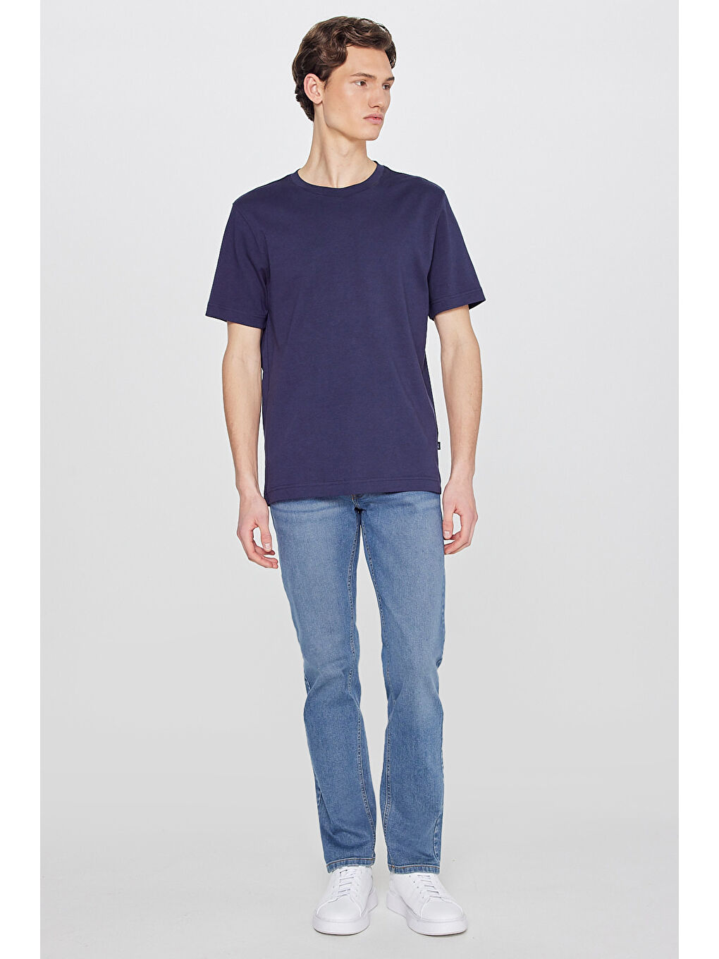 %100 Pamuk Regular Fit Normal Kesim Bisiklet Yaka Lacivert Basic Tişört-2
