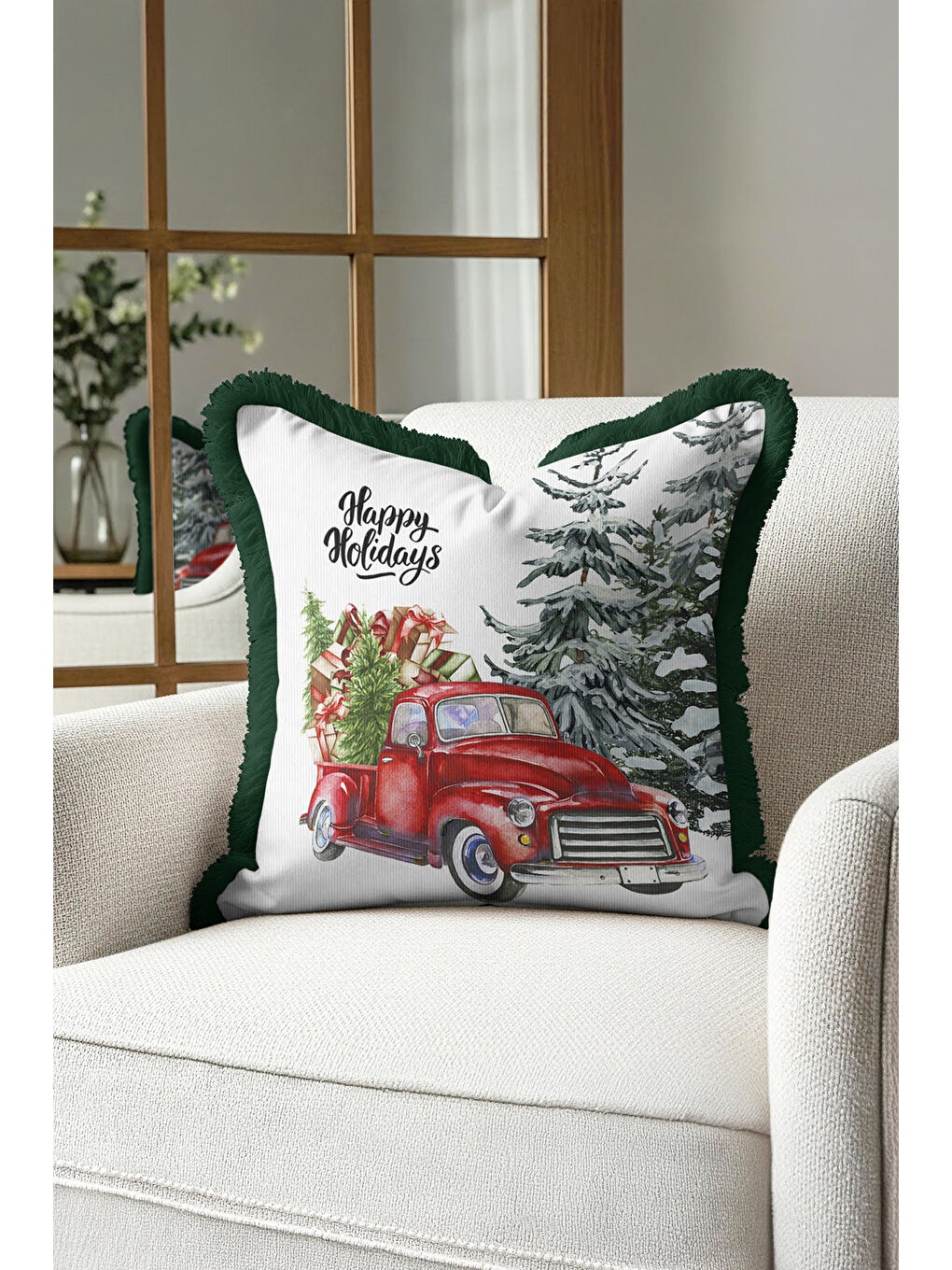 Karışık Kış Temalı Saçaklı Yastık Kılıfı - Yeni Yıl Vintage Rustik Kırmızı Yeşil Püsküllü Kırlent Kılıfı-1