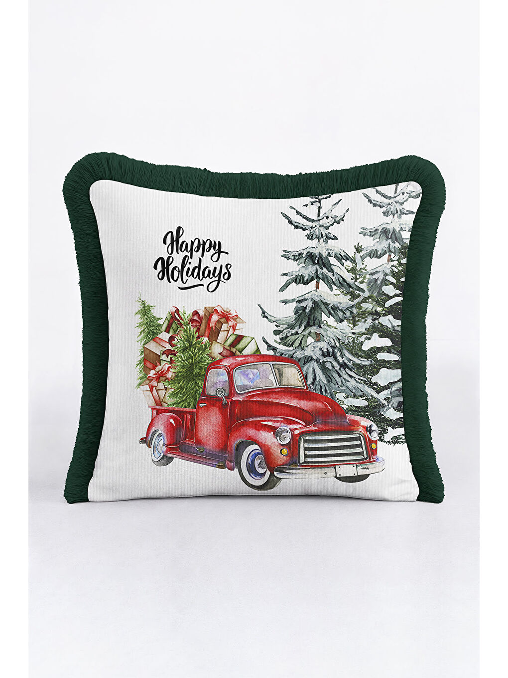 Karışık Kış Temalı Saçaklı Yastık Kılıfı - Yeni Yıl Vintage Rustik Kırmızı Yeşil Püsküllü Kırlent Kılıfı-2