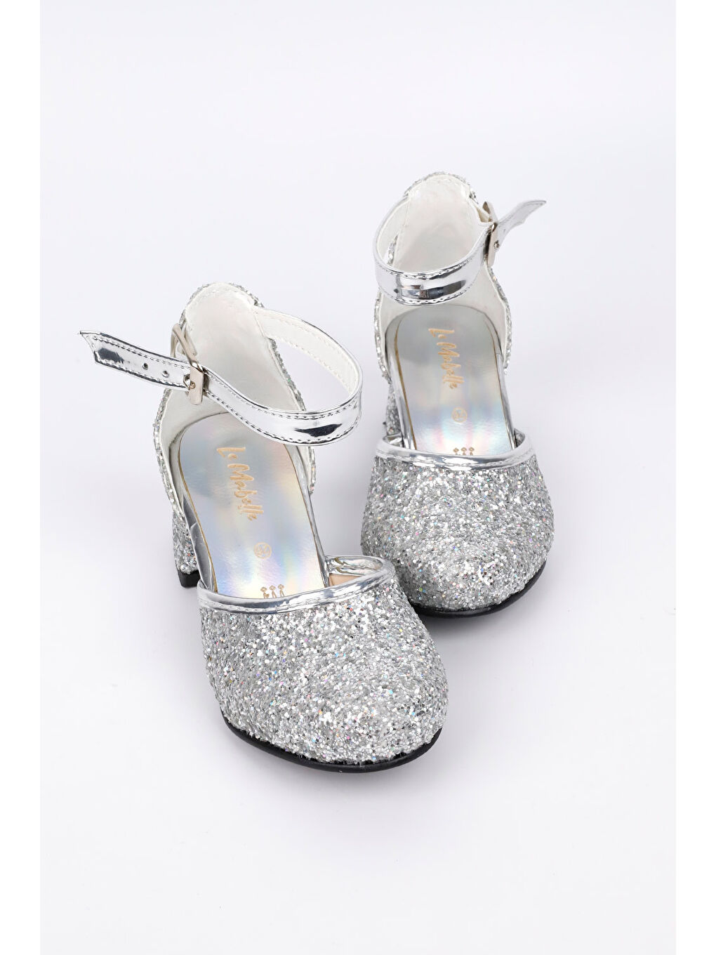 Gri Gümüş Simli Topuklu Kız Çocuk Ayakkabı