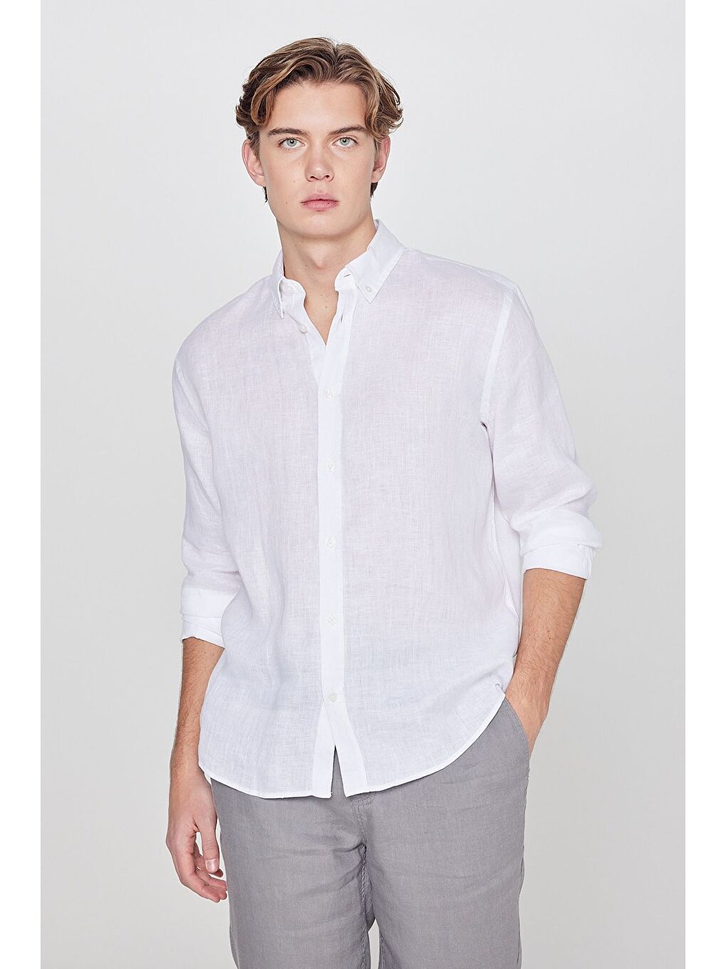 %100 Keten Regular Fit Beyaz Gömlek