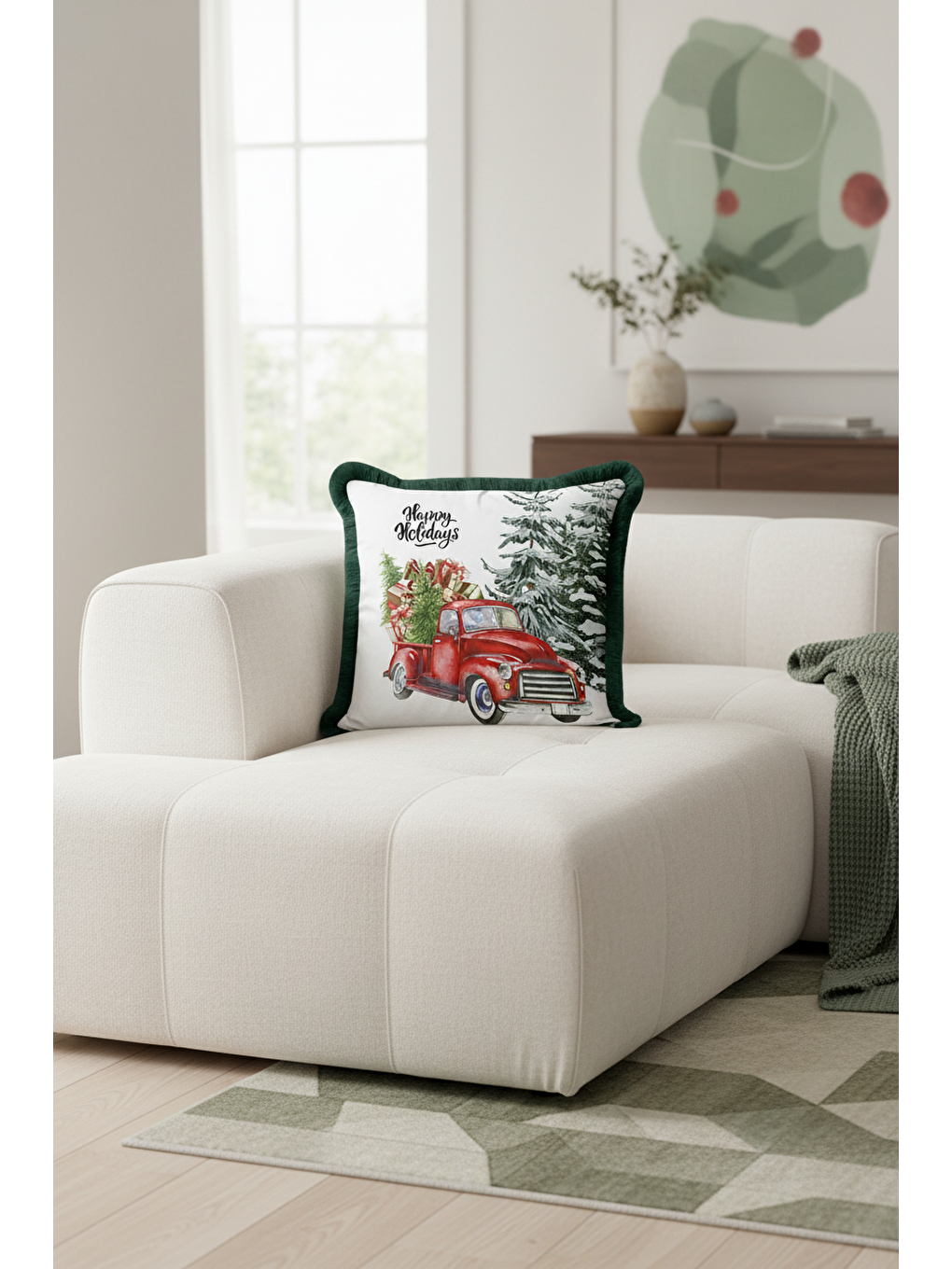 Karışık Kış Temalı Saçaklı Yastık Kılıfı - Yeni Yıl Vintage Rustik Kırmızı Yeşil Püsküllü Kırlent Kılıfı-3