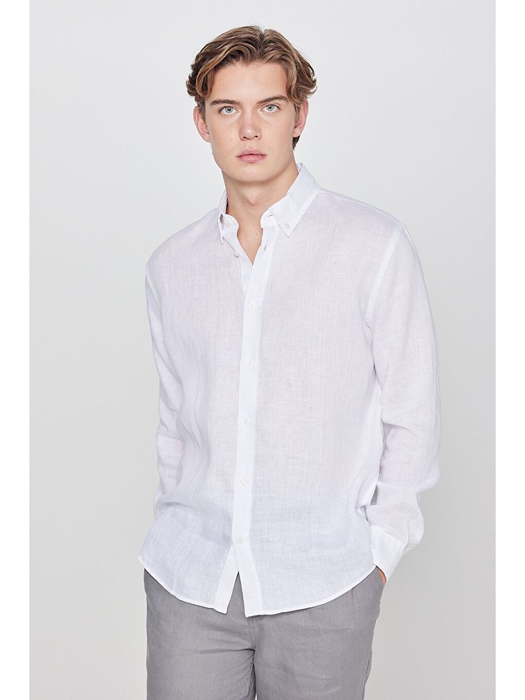 %100 Keten Regular Fit Beyaz Gömlek-1