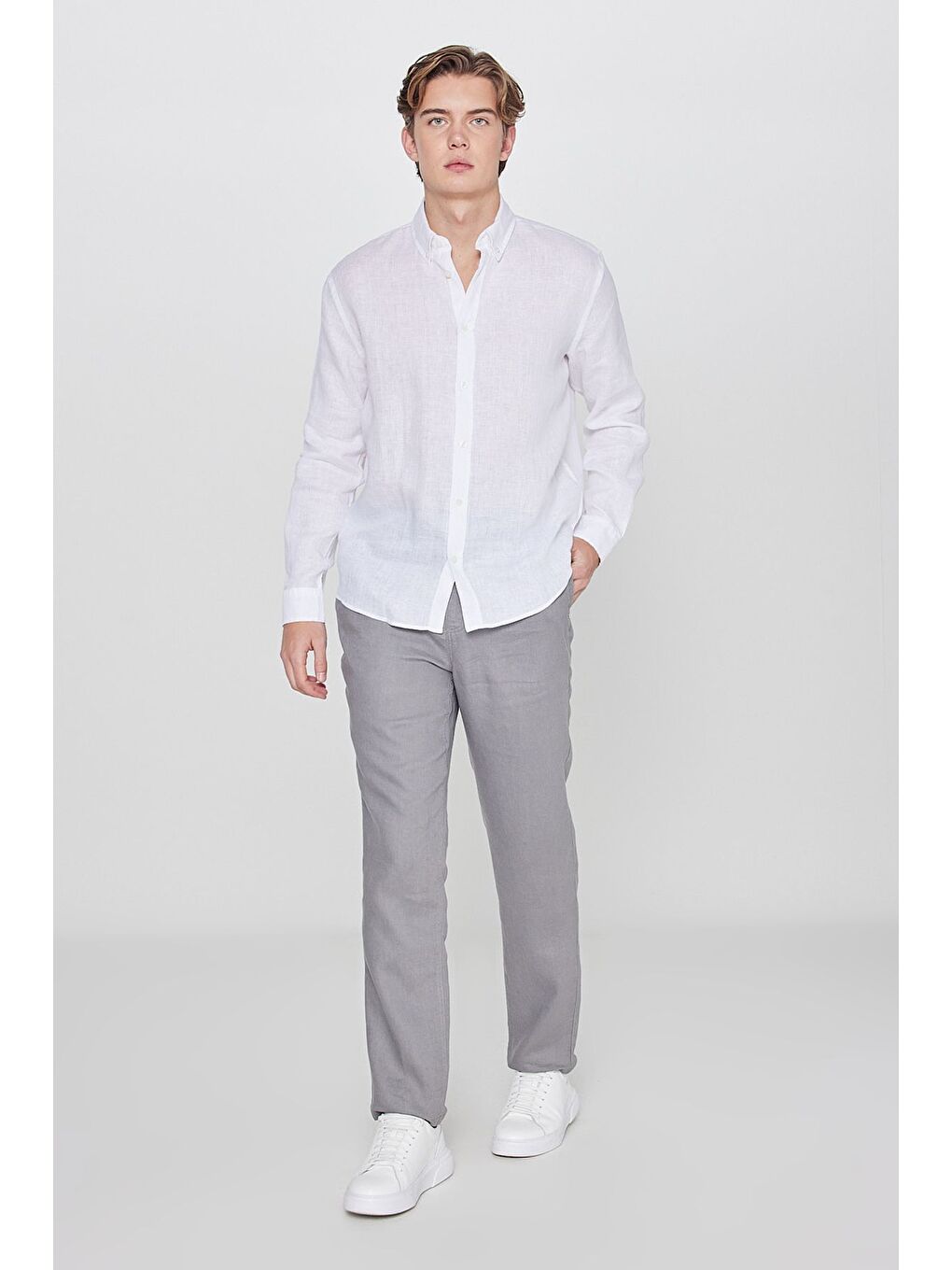 %100 Keten Regular Fit Beyaz Gömlek-2