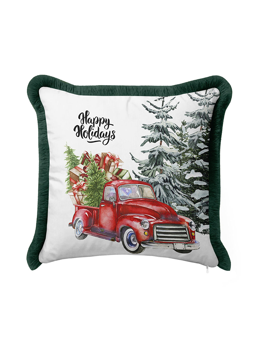 Karışık Kış Temalı Saçaklı Yastık Kılıfı - Yeni Yıl Vintage Rustik Kırmızı Yeşil Püsküllü Kırlent Kılıfı-4