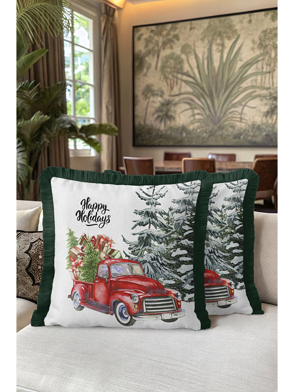 Karışık Kış Temalı Saçaklı Yastık Kılıfı - Yeni Yıl Vintage Rustik Kırmızı Yeşil Püsküllü Kırlent Kılıfı-5