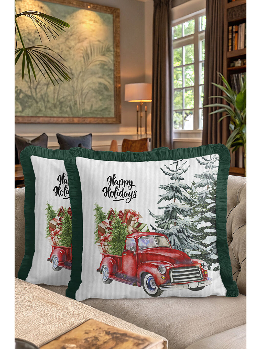 Karışık Kış Temalı Saçaklı Yastık Kılıfı - Yeni Yıl Vintage Rustik Kırmızı Yeşil Püsküllü Kırlent Kılıfı-7