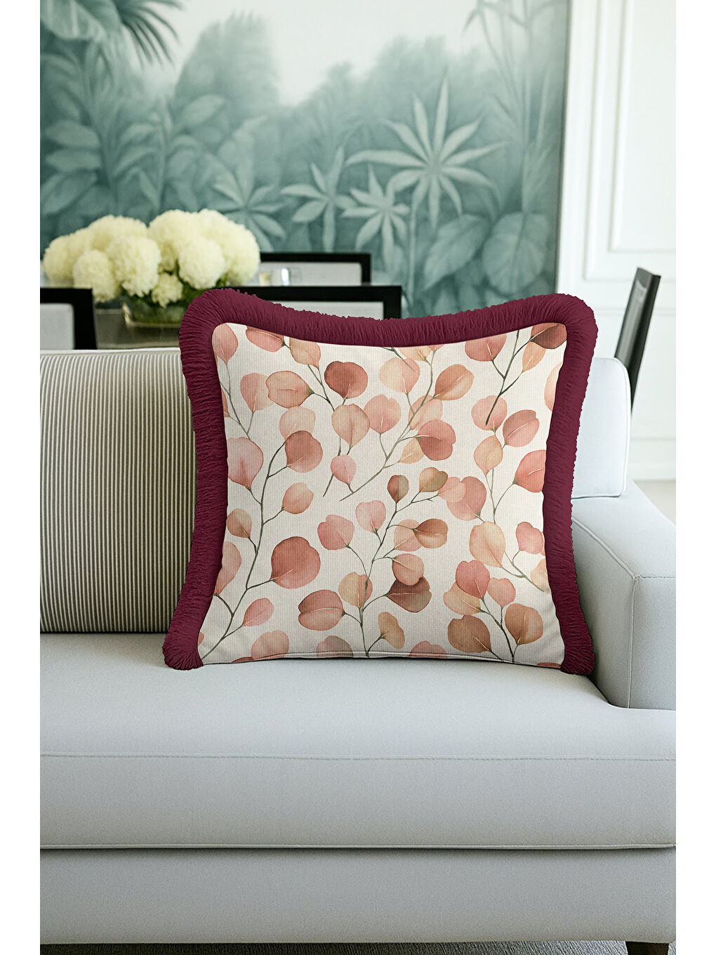 Karışık Lüks Sonbahar Yaprakları Saçaklı Yastık Kılıfı - Zarif Bohem Bordo Pudra Püsküllü Kırlent Kılıfı-1