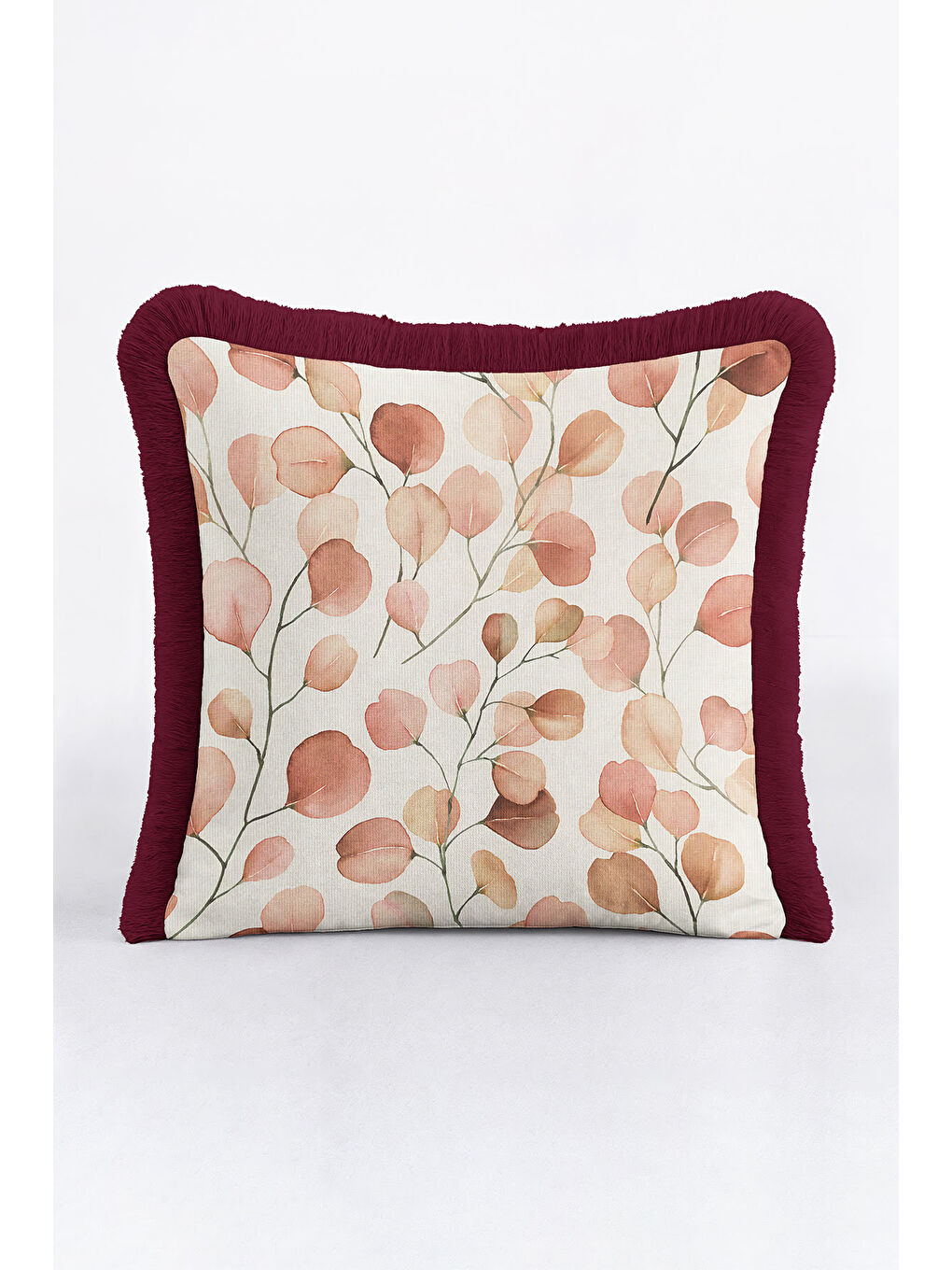 Karışık Lüks Sonbahar Yaprakları Saçaklı Yastık Kılıfı - Zarif Bohem Bordo Pudra Püsküllü Kırlent Kılıfı-2