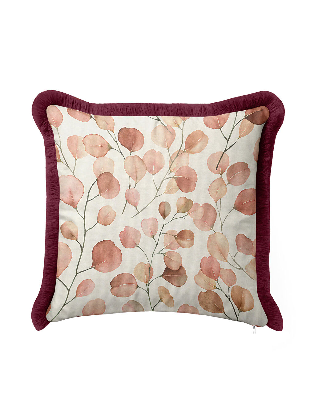 Karışık Lüks Sonbahar Yaprakları Saçaklı Yastık Kılıfı - Zarif Bohem Bordo Pudra Püsküllü Kırlent Kılıfı-3
