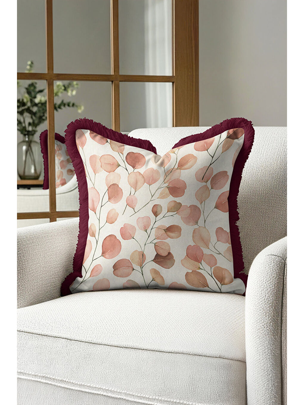 Karışık Lüks Sonbahar Yaprakları Saçaklı Yastık Kılıfı - Zarif Bohem Bordo Pudra Püsküllü Kırlent Kılıfı-4
