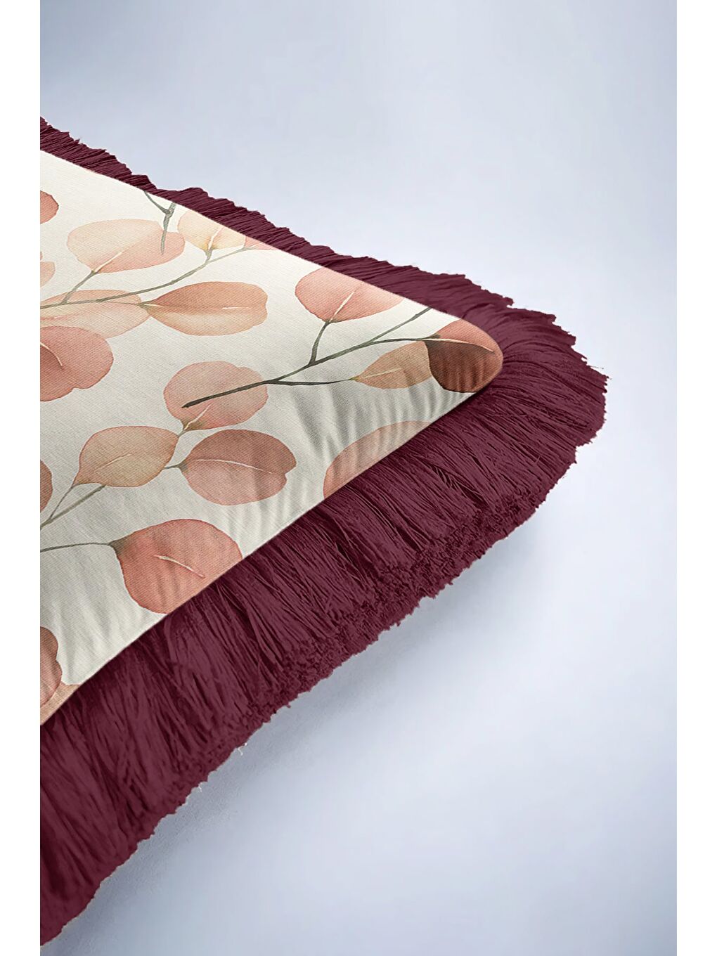 Karışık Lüks Sonbahar Yaprakları Saçaklı Yastık Kılıfı - Zarif Bohem Bordo Pudra Püsküllü Kırlent Kılıfı-6