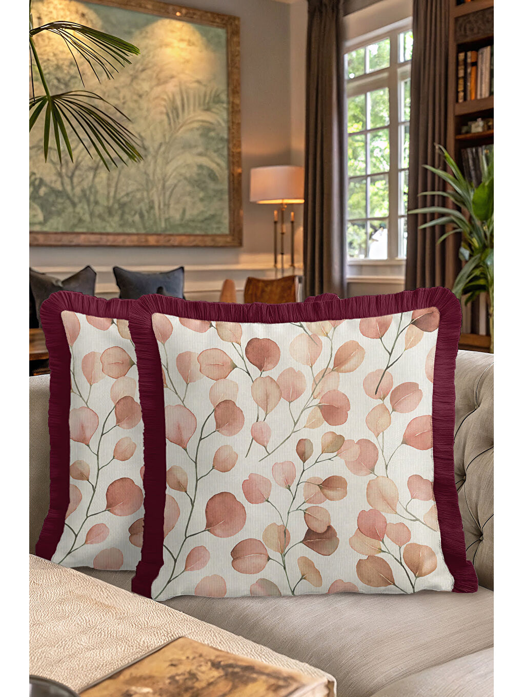 Karışık Lüks Sonbahar Yaprakları Saçaklı Yastık Kılıfı - Zarif Bohem Bordo Pudra Püsküllü Kırlent Kılıfı-7