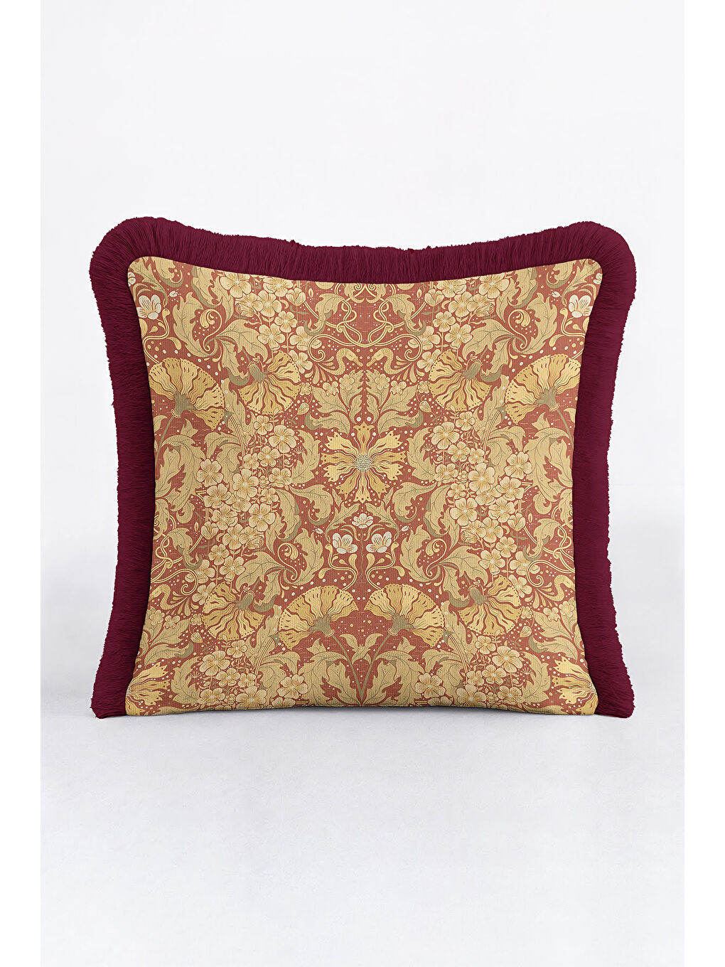 Karışık Barok Lüks Saçaklı Yastık Kılıfı - Vintage Rustik Altın Renkli Bordo Püsküllü Kırlent Kılıfı