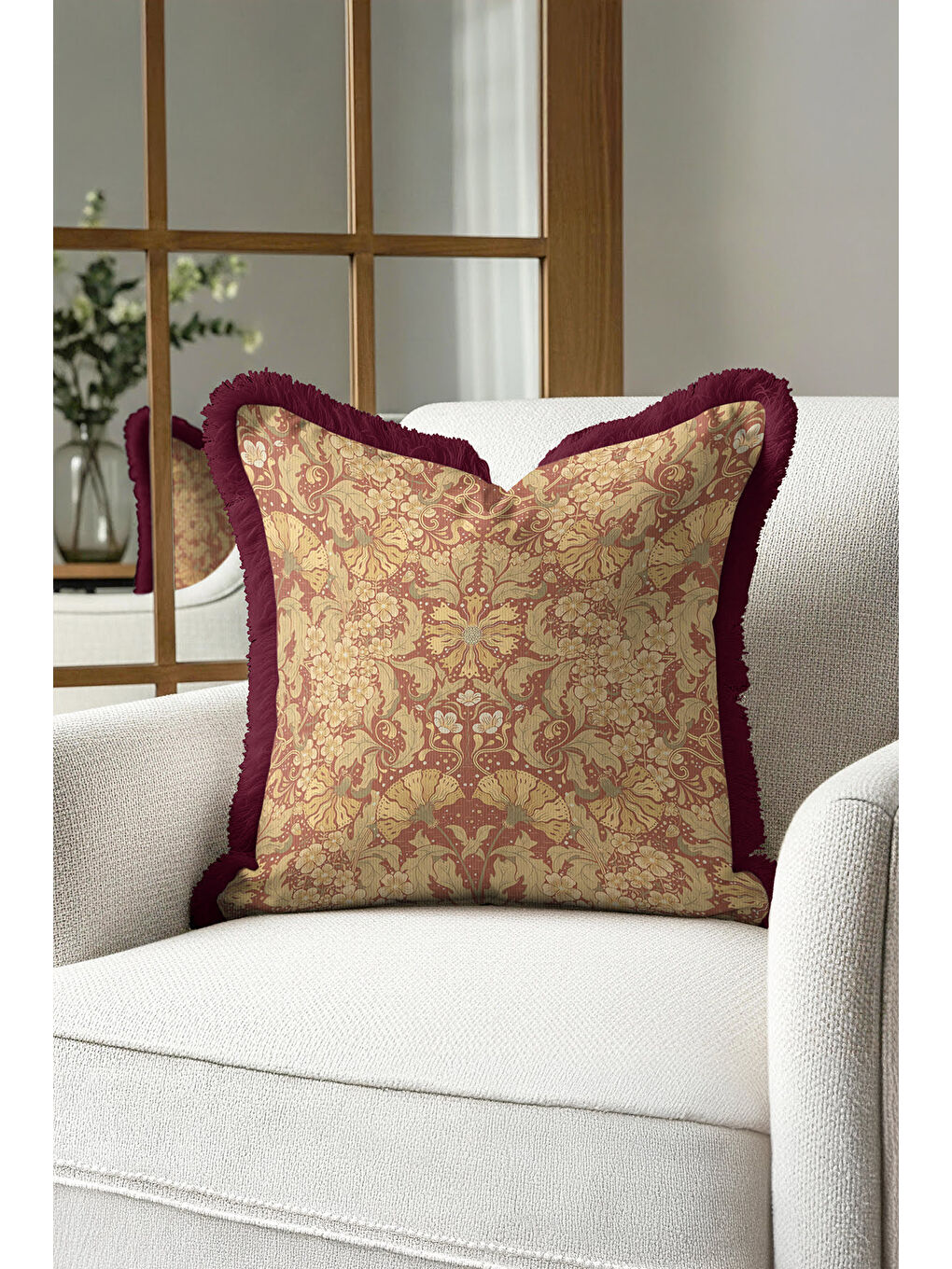 Karışık Barok Lüks Saçaklı Yastık Kılıfı - Vintage Rustik Altın Renkli Bordo Püsküllü Kırlent Kılıfı-1
