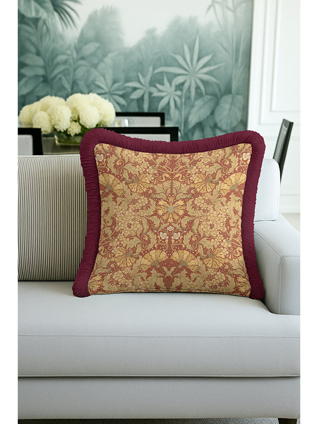 Karışık Barok Lüks Saçaklı Yastık Kılıfı - Vintage Rustik Altın Renkli Bordo Püsküllü Kırlent Kılıfı-2