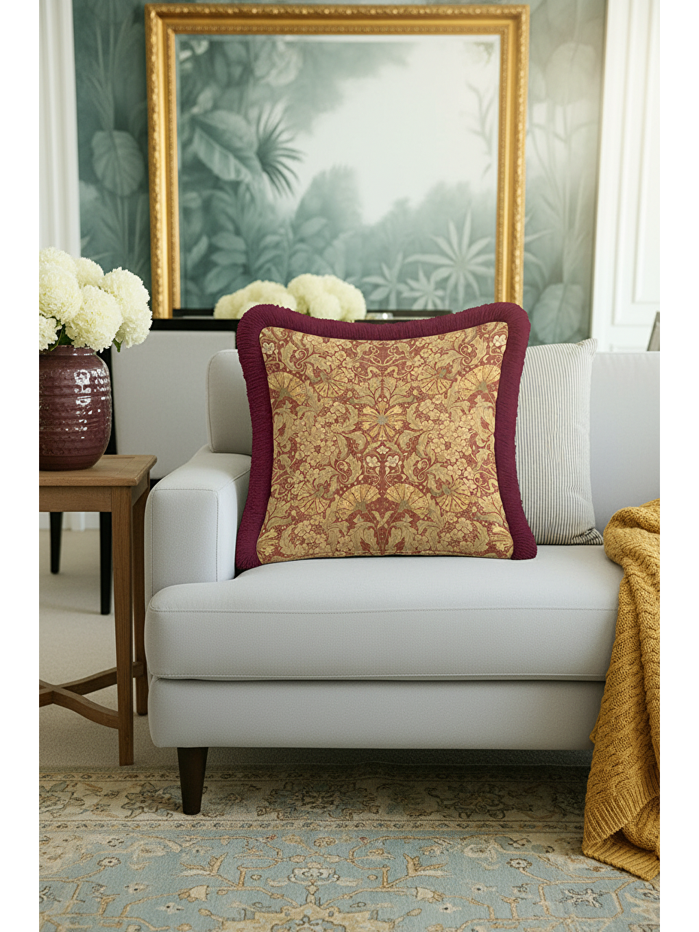 Karışık Barok Lüks Saçaklı Yastık Kılıfı - Vintage Rustik Altın Renkli Bordo Püsküllü Kırlent Kılıfı-3