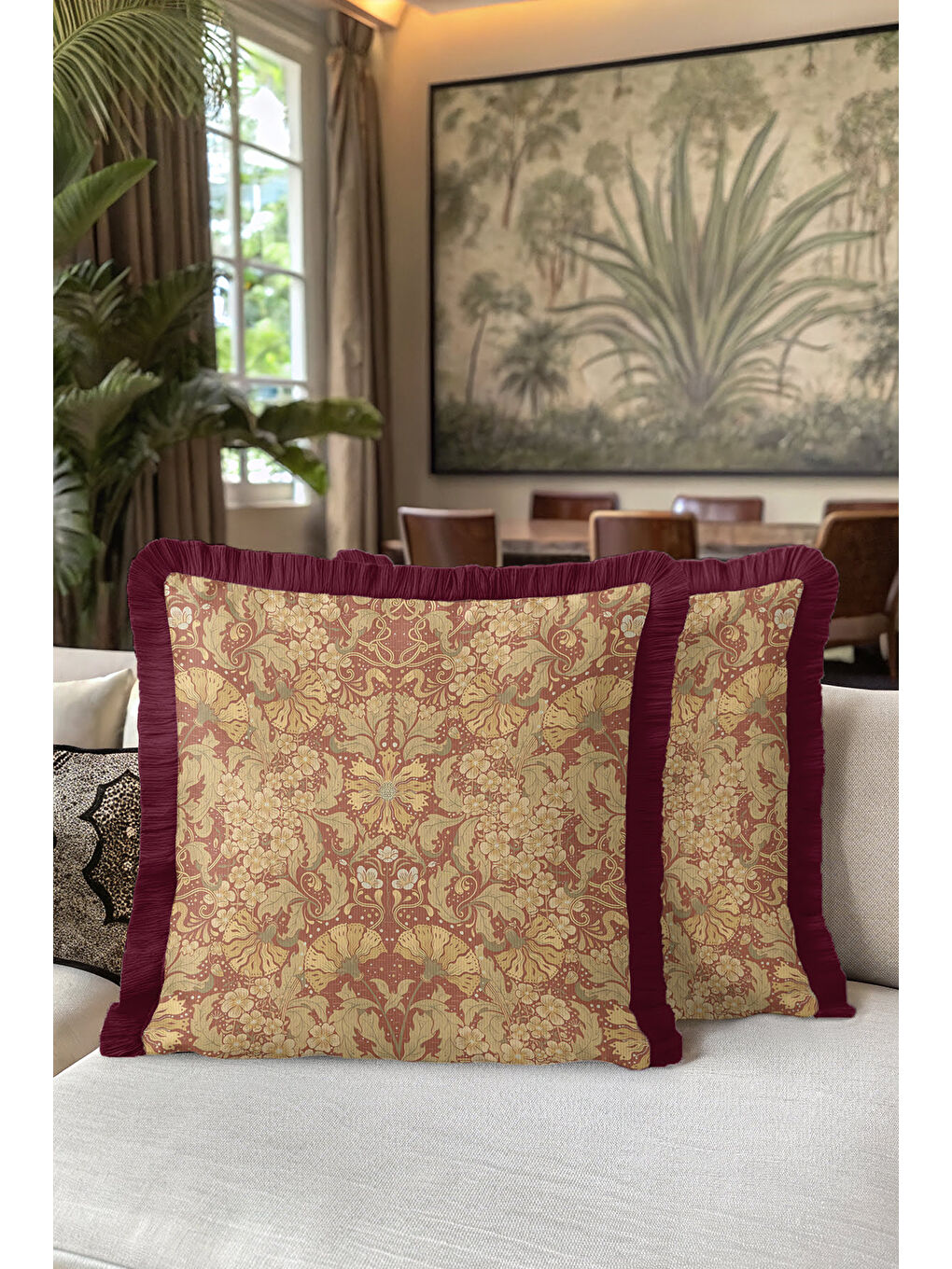 Karışık Barok Lüks Saçaklı Yastık Kılıfı - Vintage Rustik Altın Renkli Bordo Püsküllü Kırlent Kılıfı-5