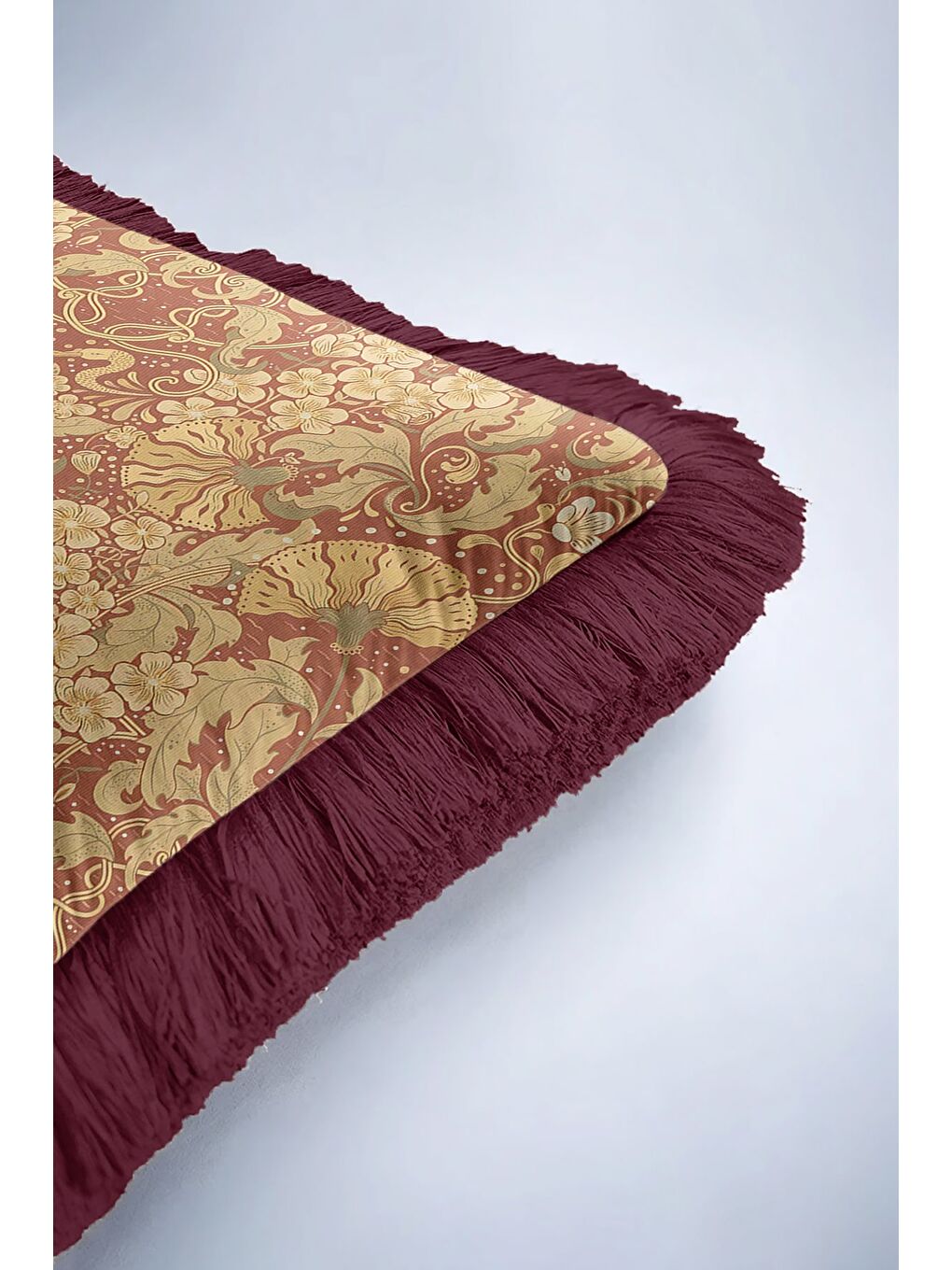 Karışık Barok Lüks Saçaklı Yastık Kılıfı - Vintage Rustik Altın Renkli Bordo Püsküllü Kırlent Kılıfı-6