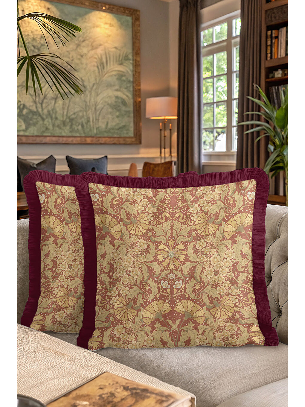 Karışık Barok Lüks Saçaklı Yastık Kılıfı - Vintage Rustik Altın Renkli Bordo Püsküllü Kırlent Kılıfı-7