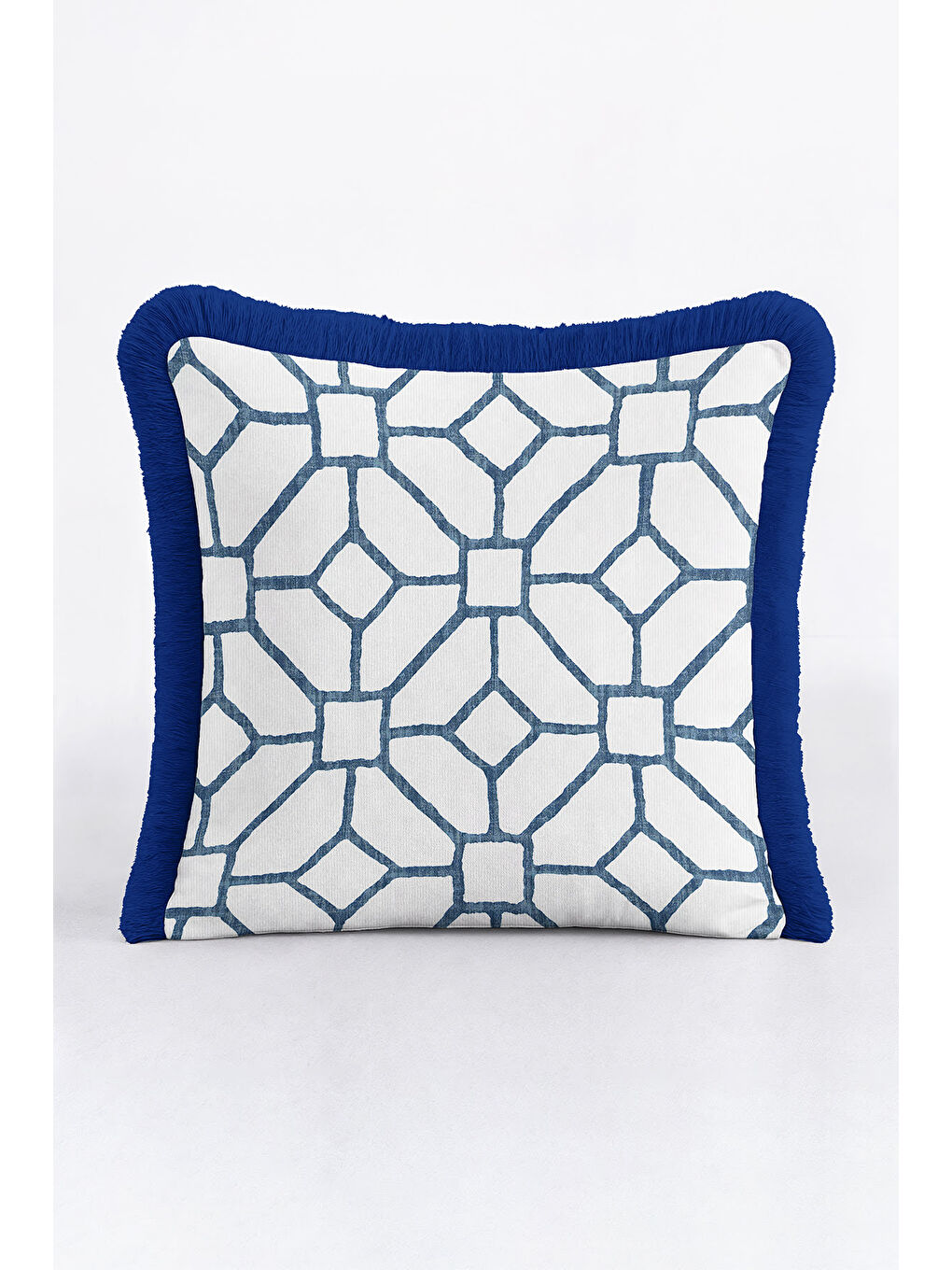 Karışık Geometrik Modern Saçaklı Yastık Kılıfı - Minimal İskandinav Mavi Beyaz Püsküllü Kırlent Kılıfı